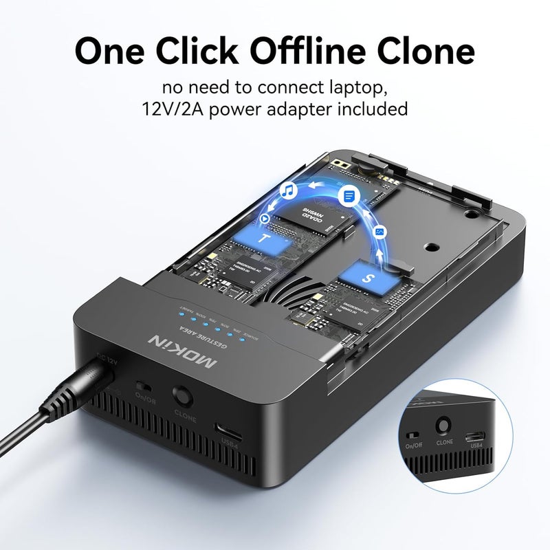 Mokin M.2 NVMe Enclosure Duplicator Dual-Bay Offline Clone Tool-Free,40Gbps USB4 NVMe SSD Enclosure with Cooling Fan Compatible with M4/Pro/MacBook Mac mini,Support 2230/2242/2260/2280 (UD1501) - Image 2